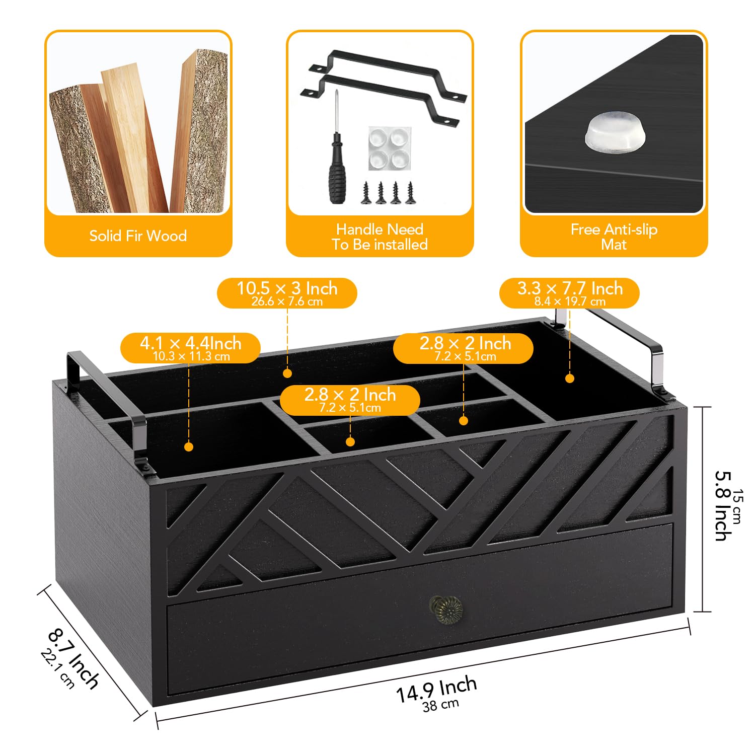 Pappteller-Spender mit Schublade für Küchenarbeitsplatte, Holz-Pappteller-Halter mit großem Getränkehalter, rustikaler Besteck-Caddy-Halter für Besteck, Pappteller-Organizer (schwarz mit Gravur)