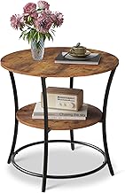 WLIVE Side Table, Round Side Table with 2 Open Shelves, Bedside Table with Steel Frame for Living Room, Bedroom, Coffee Table for Small Spaces, 55x55x55 cm, Rustic Brown