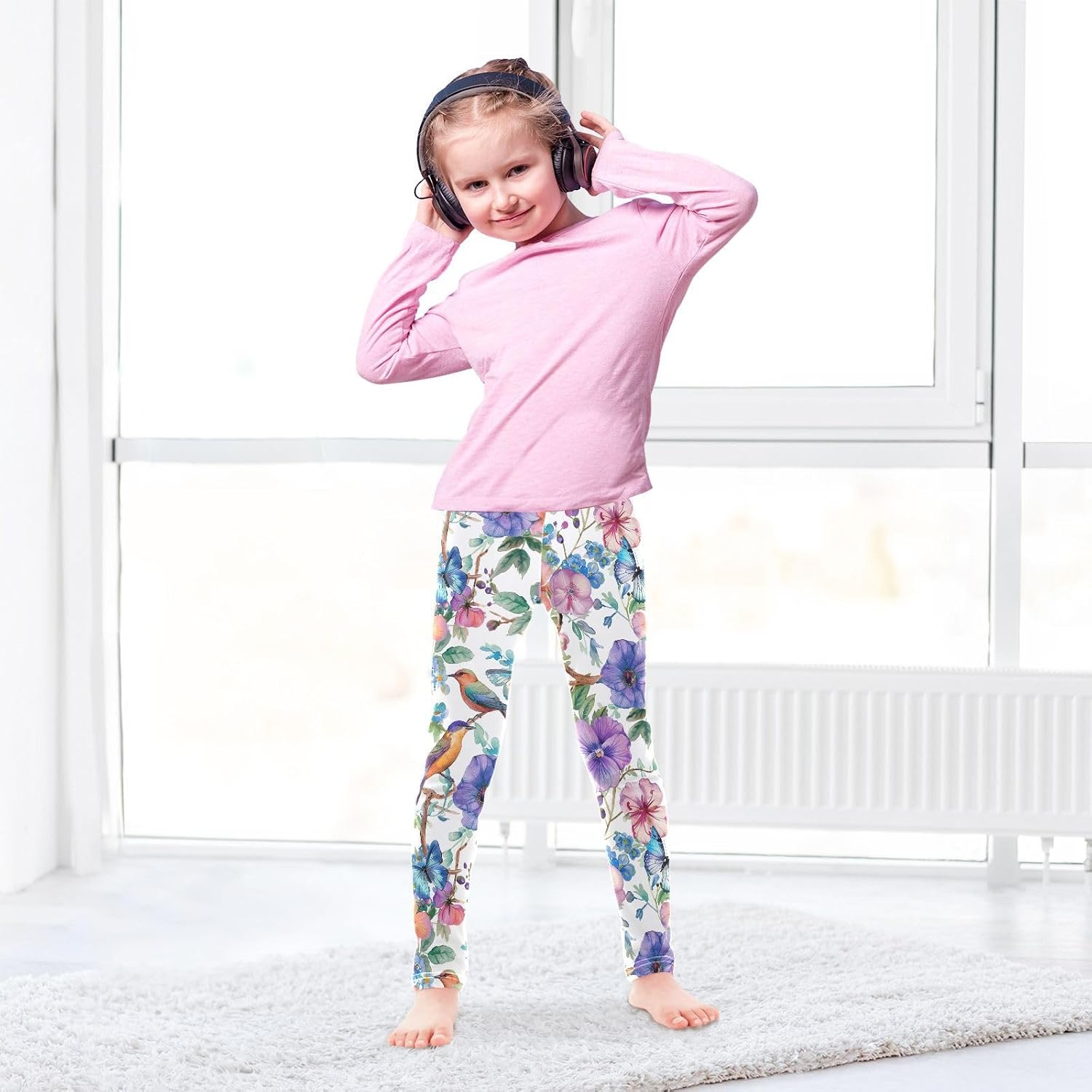 Girls Yoga Pants Retro Bird Flower
