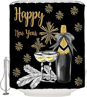 PIEPLE Happy New Year Shower Curtain, Black Gold Silver Waterproof Washable Boho Funny Cute Shower Curtains Set for Bathroom Farmhouse Bathtubs Curtains Decor Set 48" Wx72 L with Hooks