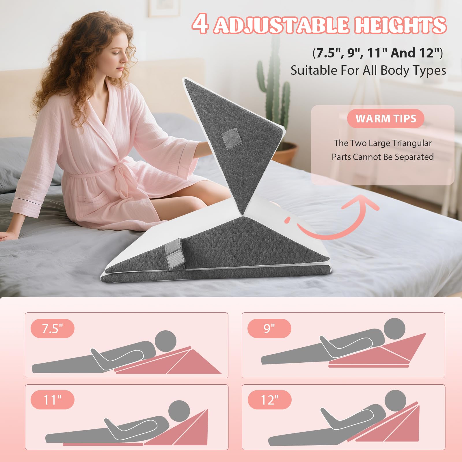 Cuscino a Cuneo per Letto 3pcs, Cuscino Antireflusso Adulti, Cuscino Triangolare Regolabile, Cuscinos di Reflusso Ergonomico per Apnea Notturna, Reflusso Acido, Elevazione Delle Gambe