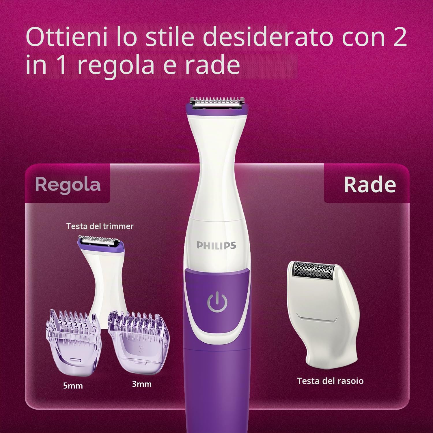 Philips rifinitore zona bikini con 2 pettini e 1 testina di precisione, portatile con custodia BRT383/15