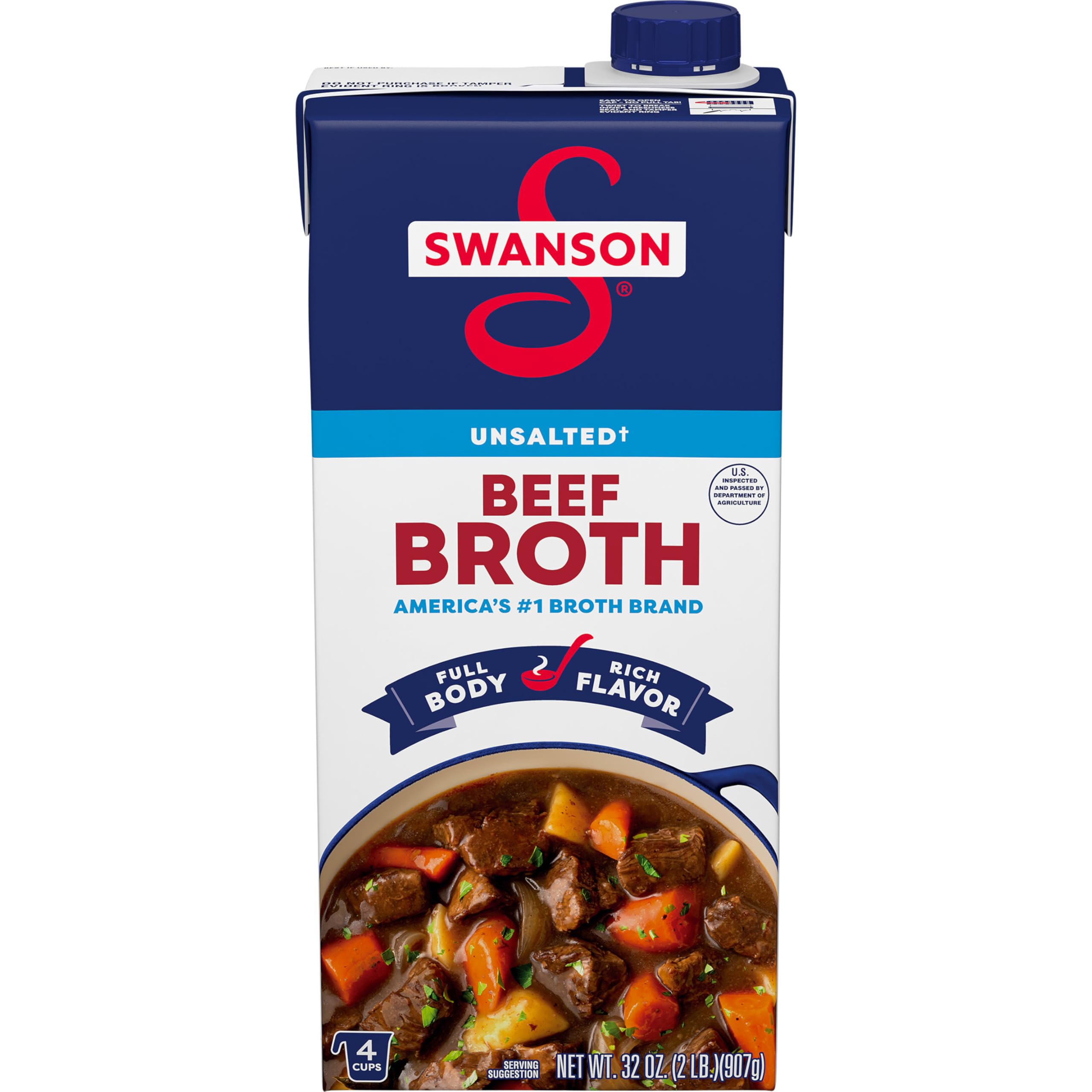 SWANSON S 100% Natural Unsalted Beef Broth, 32 oz Carton