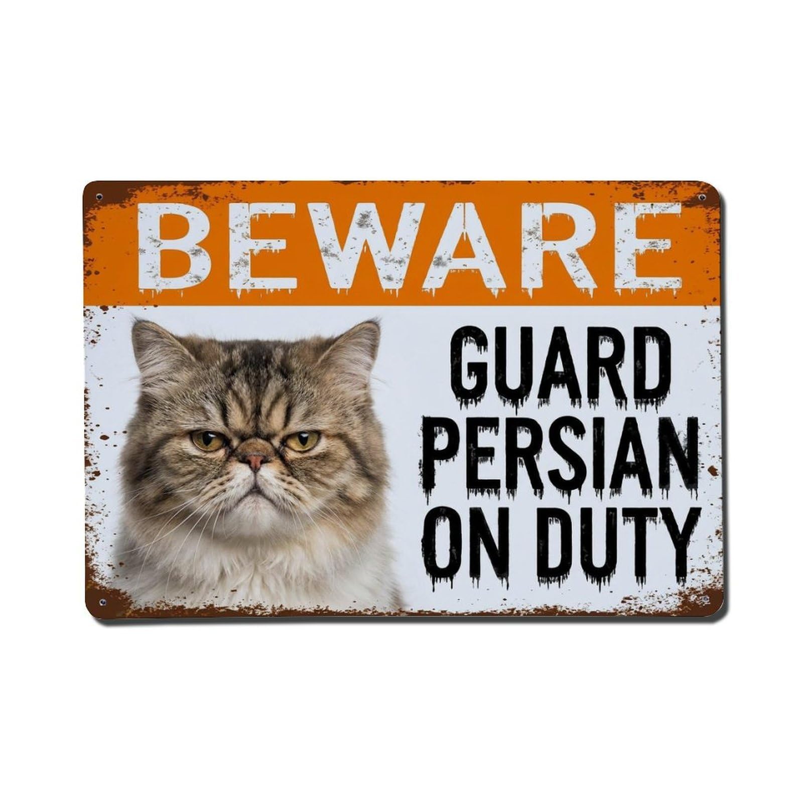 Vintage Funny Persian Guard Beware of Cat Landing Metal Tin Sign