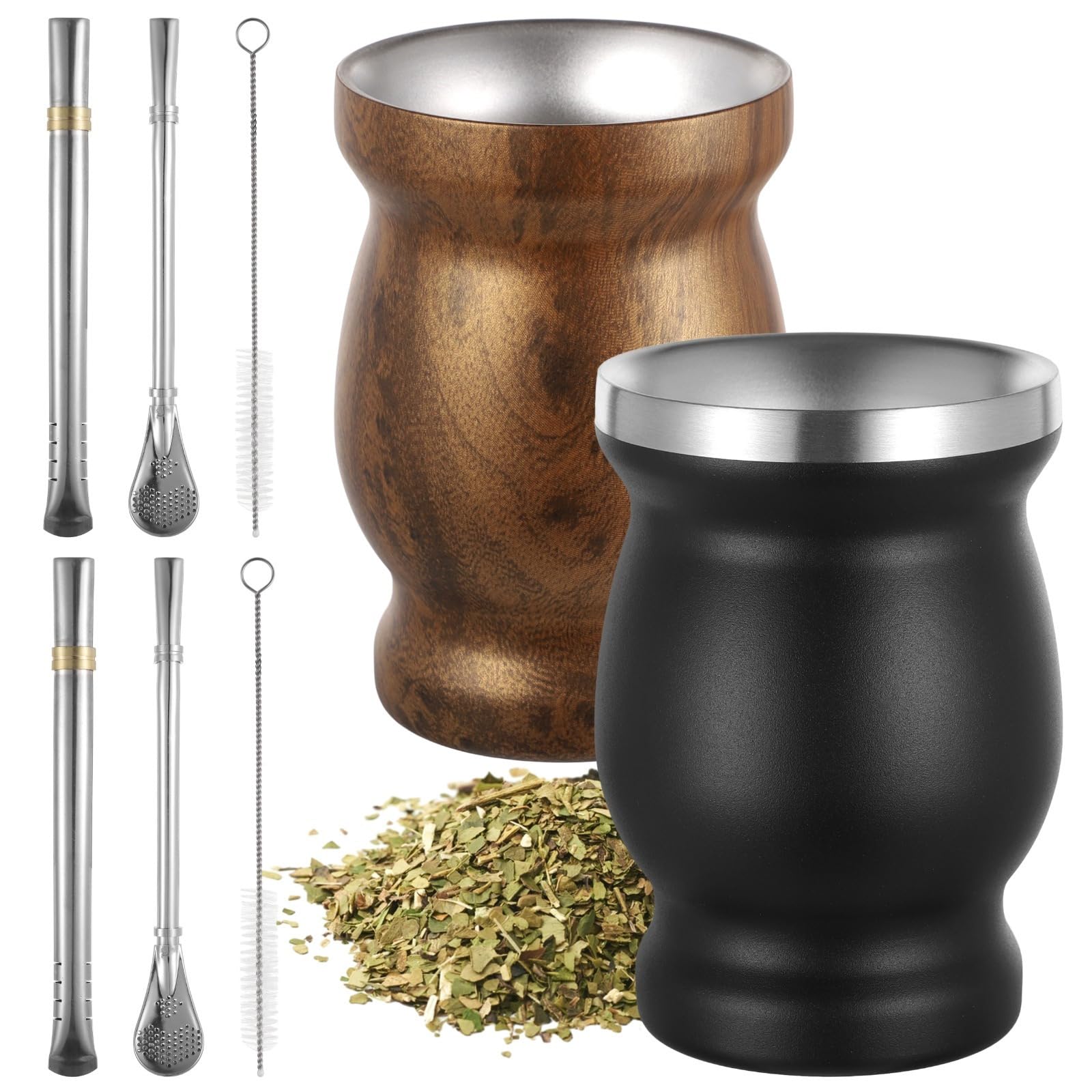Yerba Mate zestaw 2 filiżanek ze stali nierdzewnej, 230 ml, podwójne ścianki, z łyżką, słomką i szczotką, łatwe w utrzymaniu i czyszczeniu