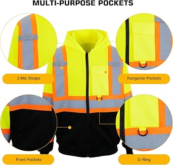 PAFESTER Fleece Safety Hi Vis Lightweight Jacket Reflective Visibility Hooded jacket Bomber Jacket with Pockets Zipper