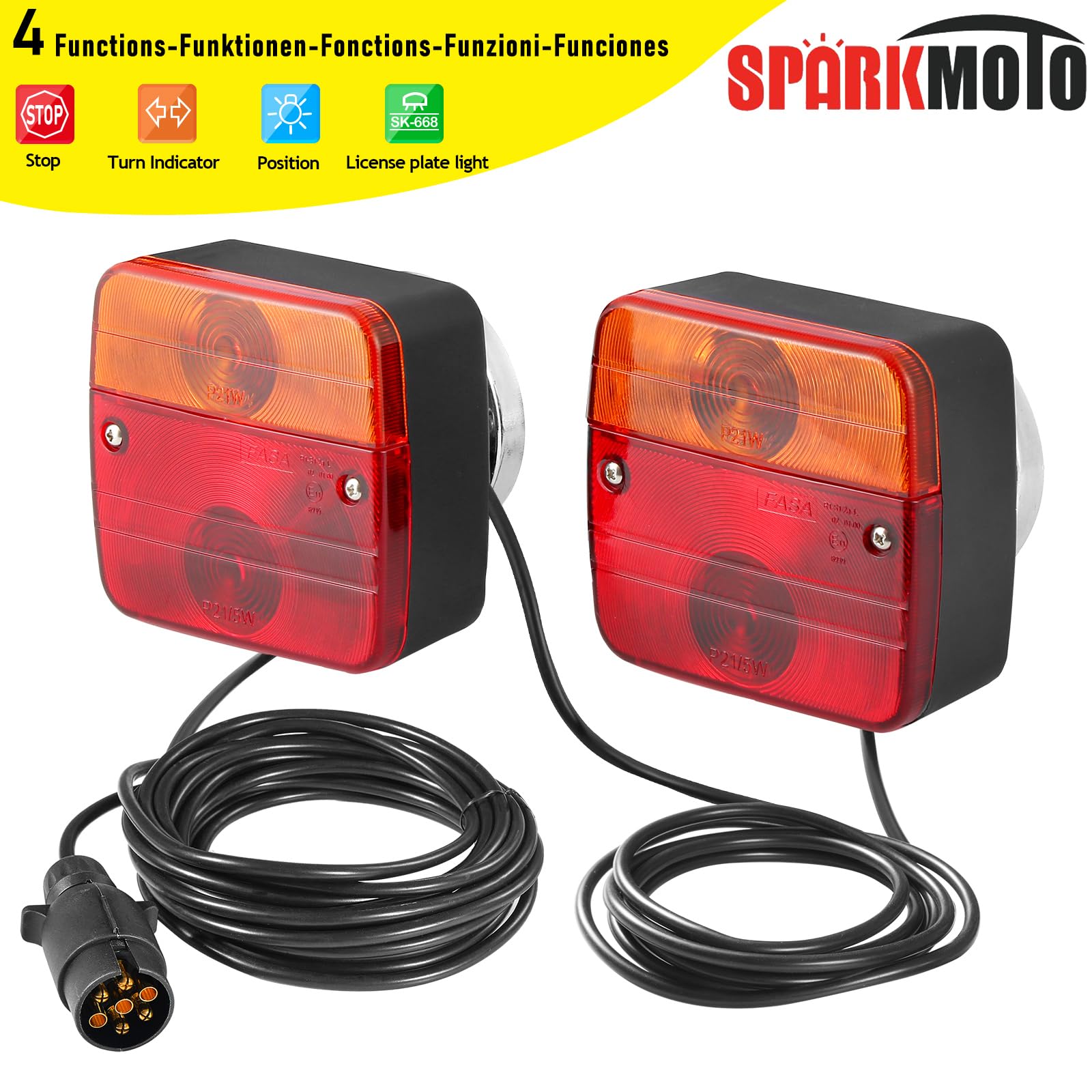 Fanali Posteriore Rimorchio Magnetico,Kit Luci Rimorchio 7 Poli Con Cavo 2.5/7.5M Connettore 7 Poli,Fari Posteriori Rimorchio Calamita