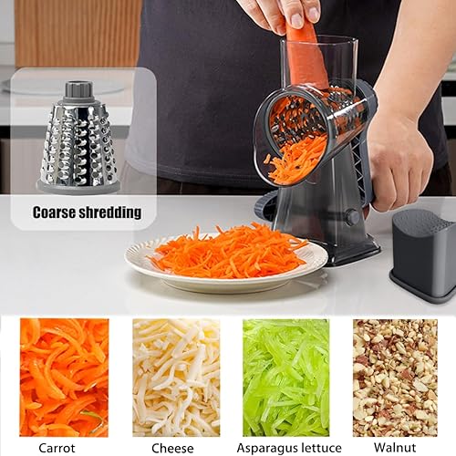Miniatura 2 de Rallador rotativo de queso con mango de mano redondo mandolina cortador de verduras, zanahoria, triturador de nueces con 3 cuchillas de tambor de