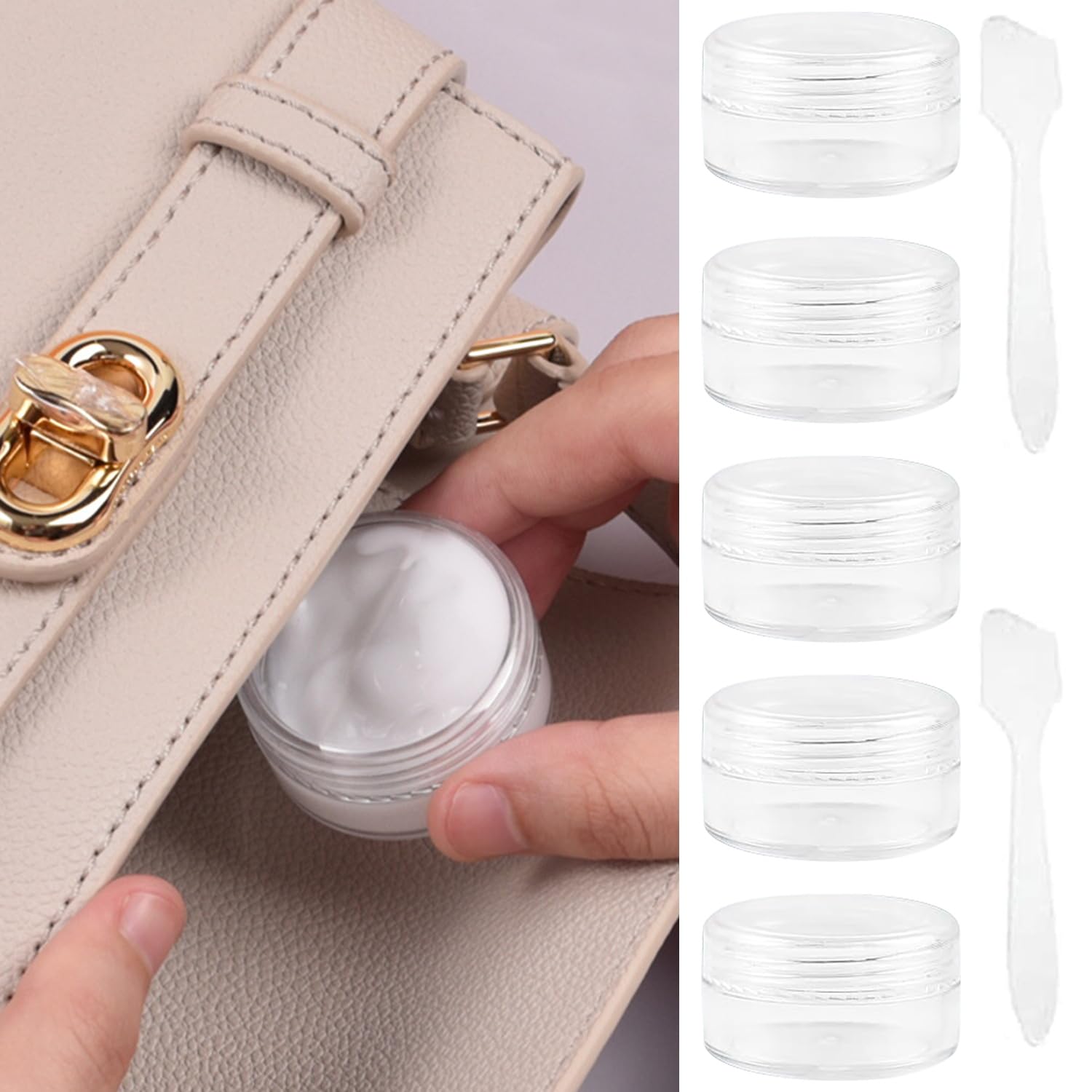 5pcs Travel Pots for Toiletries Plastic Transparent Travel Container Jars with Mini Spoons (5x10g)