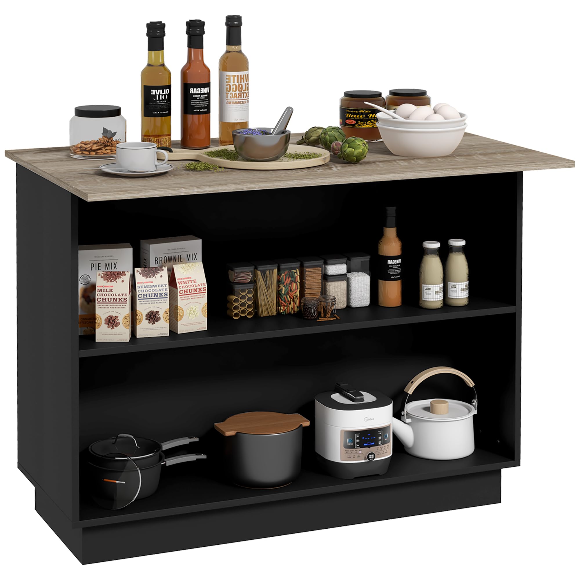 HOMCOM Isla de Cocina Mueble de Cocina con Estantes Ajustables 2 Estantes Abiertos y 2 Puertas Estilo Moderno Carga 100 kg 105x60x82 cm Negro y Roble