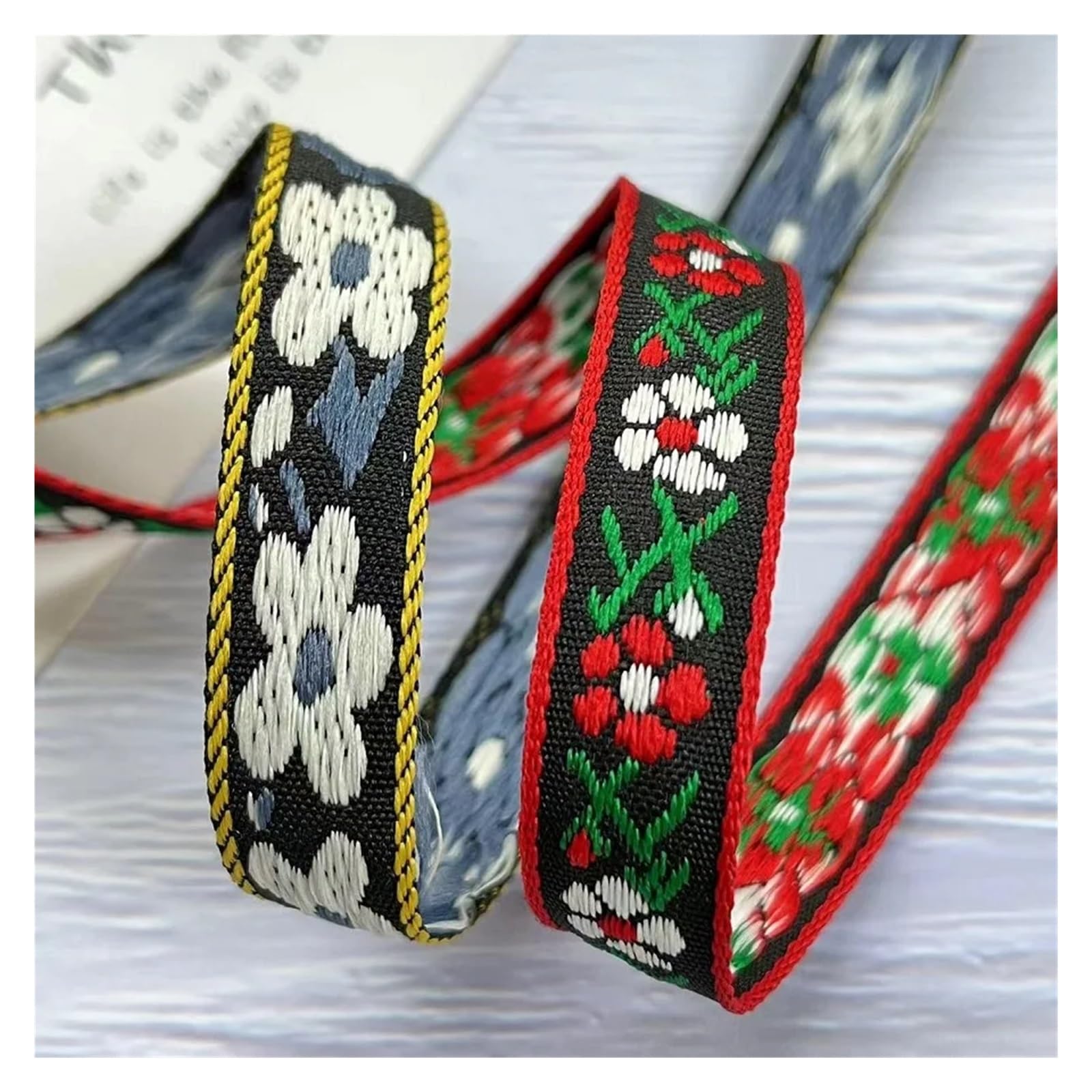 Wstążka tkana żakardowa, Taśma żakardowa z poliestru w drobne kwiaty, szerokość 1,4 cm, 10 jardów, wielokolorowa(Red)