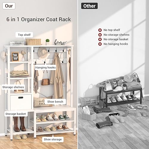 Miniatura 6 de Aheaplus Árbol de pasillo con banco de almacenamiento, perchero con luces LED, estantes de 5 niveles, cesta de almacenamiento de tela, ganchos