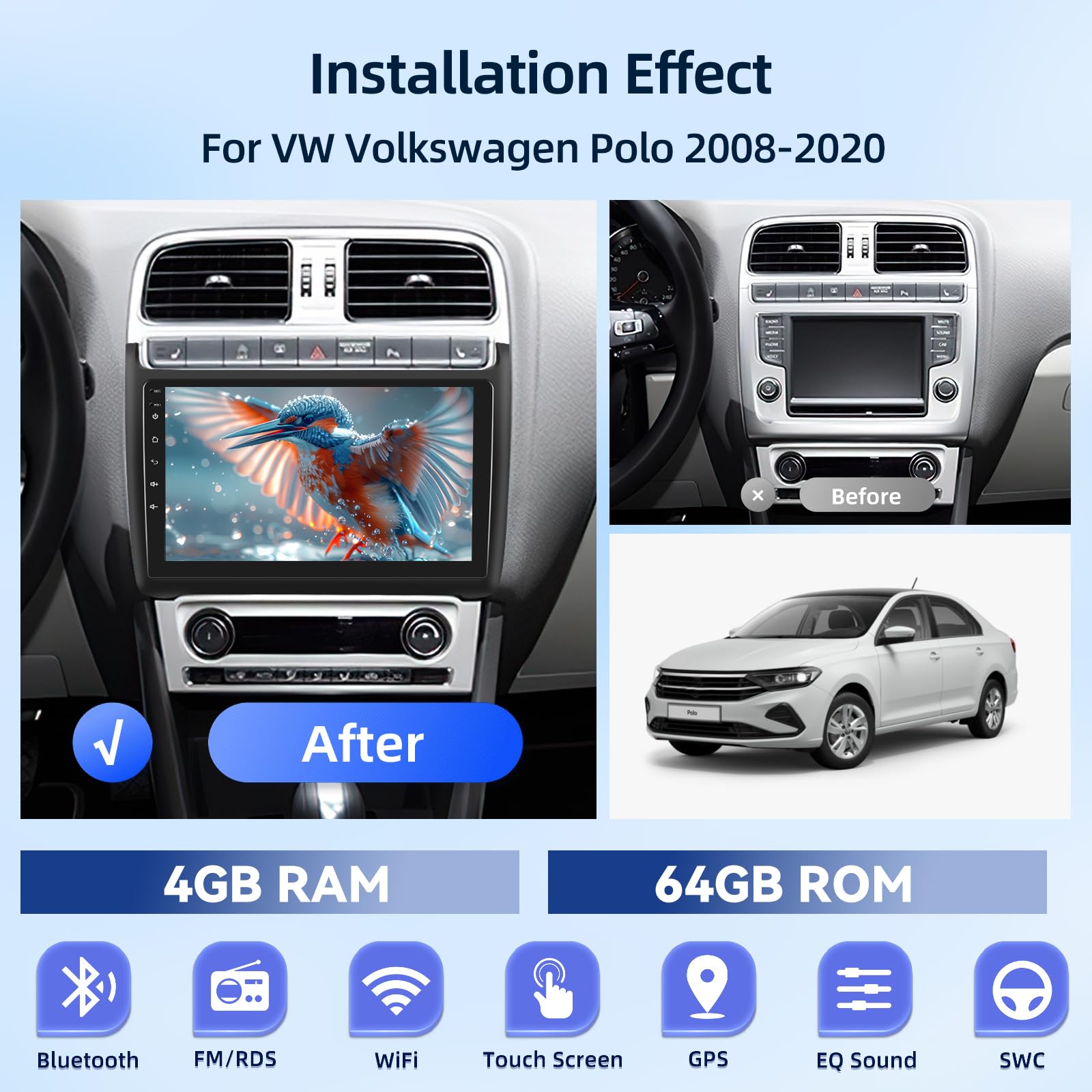 4G+64G Autoradio pour VW Volkswagen Polo 2008-2020 + Carpla & Android Auto | Android Écran Tactile IPS 9 Pouces avec GPS, WiFi, 32EQ, Bluetooth 5.0, Radio FM/RDS, Carplay & Android Auto Sans Fil