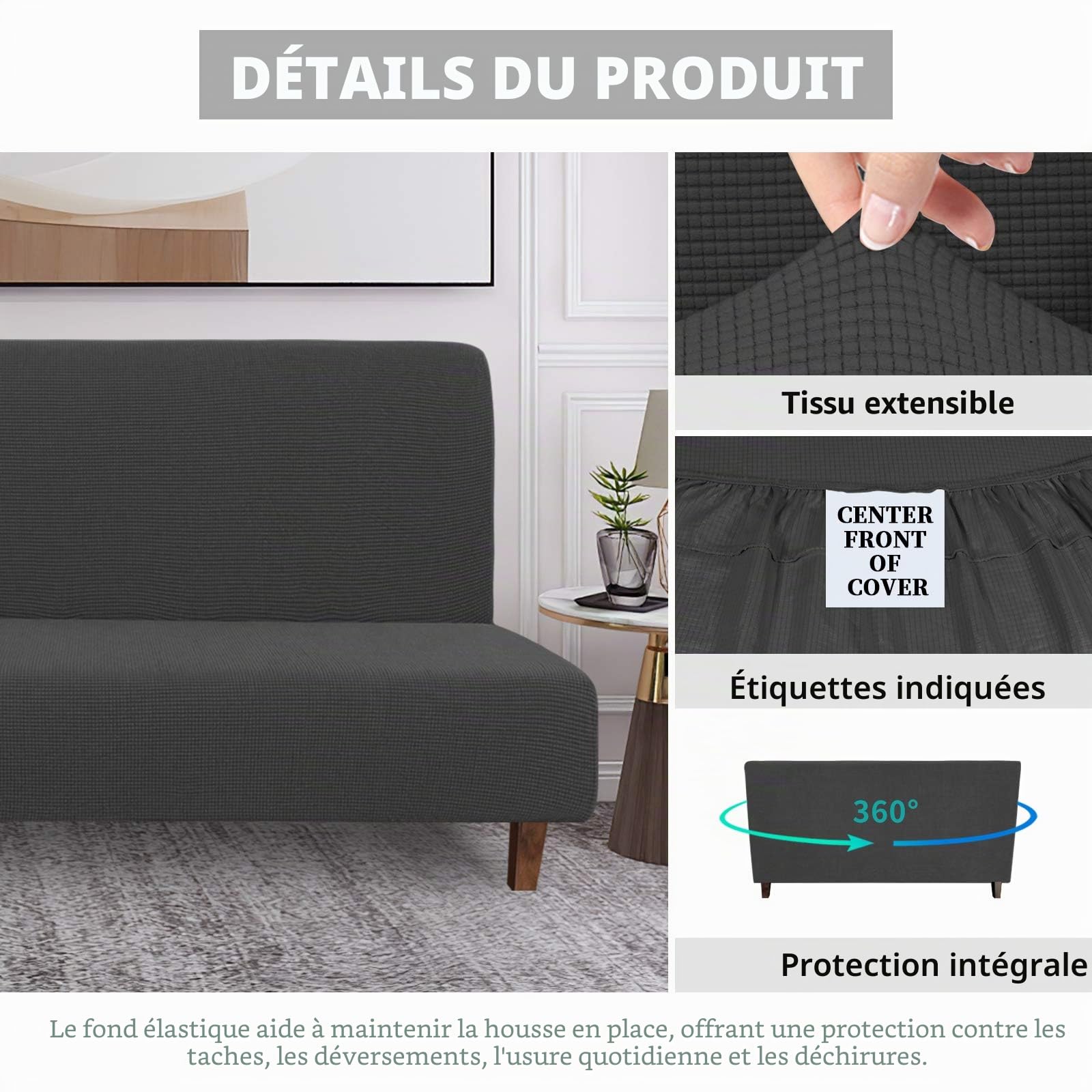 Easy-Going Housse de futon 100% imperméable, Double Housse de canapé imperméable pour futon, Housse de canapé en Jacquard Extensible sans accoudoirs, Protection de Meubles étanche pour Enfants,