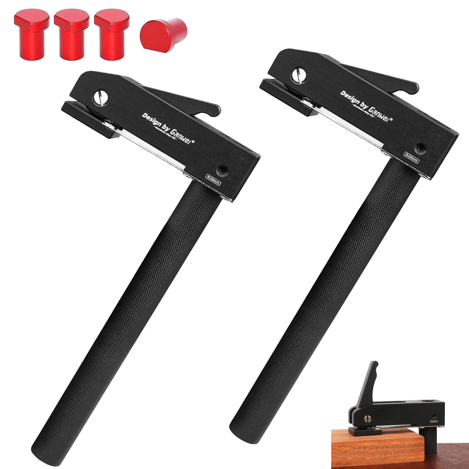 2 Piezas Sargentos de Apriete Ajustable + 4 Perros de Banco de Trabajo, 20 mm Sargentos para Madera, Juego de Sujeción de Orificio para Perro, Clip de Escritorio para Carpintería