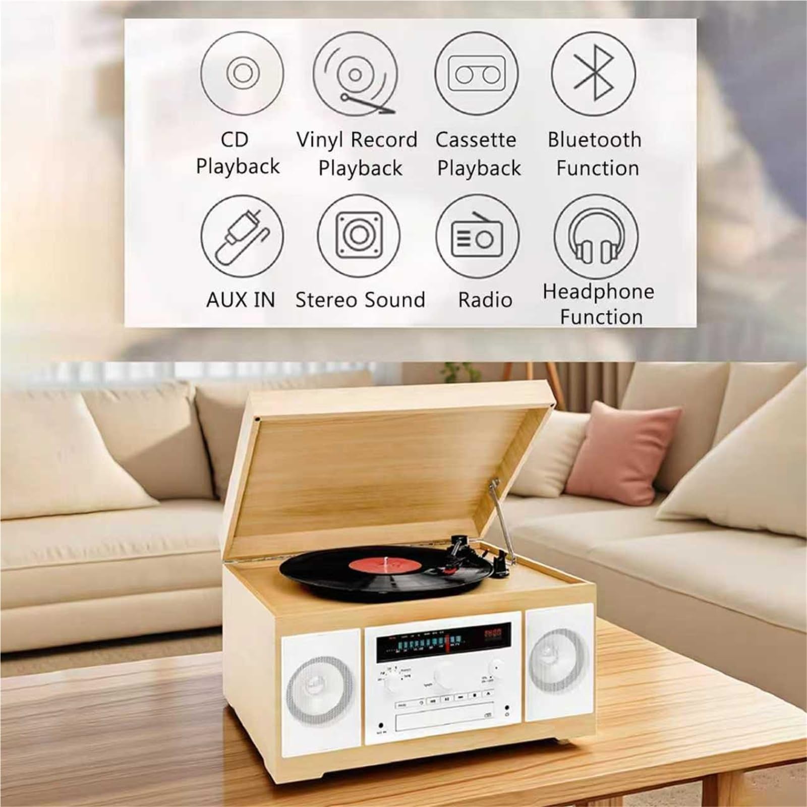 Lettore CD Bluetooth portatile con altoparlanti integrati, cassette e lettore di dischi in vinile, supporta AM/AUX/cuffie per ascoltare musica in casa e in ufficio