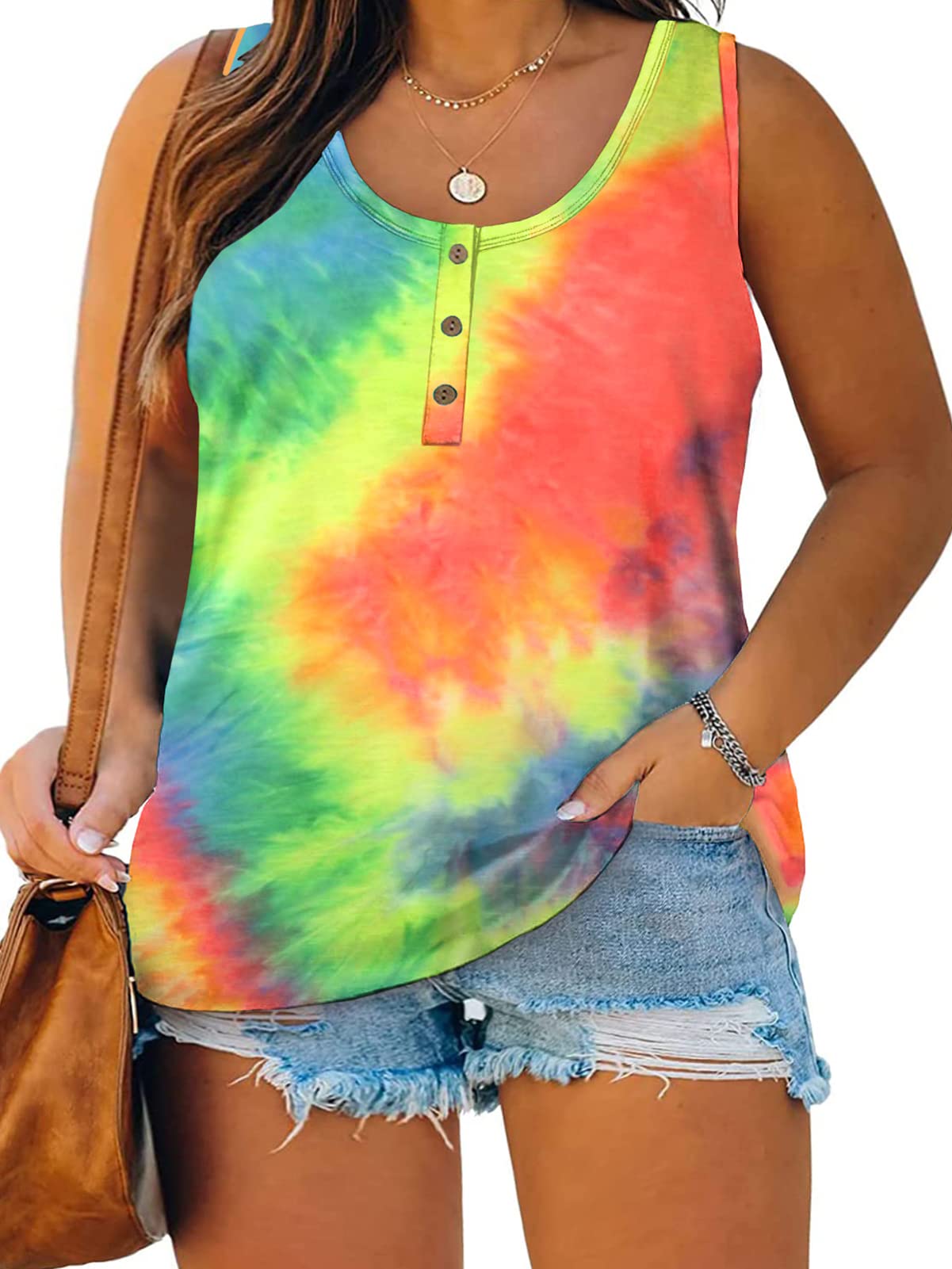 DOLNINE Womens-Plus-Size-Tank-Tops Summer Sleeveless T Shirts Casual Button Down Tunic Tee