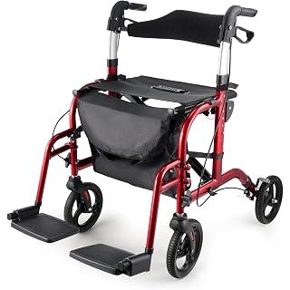 VONOYA Folding Walker with Seat Back Support and Footrests for Seniors and Adults, Rolling Mobility Aid with Adjustable Handles, Walker Wheelchair with Storage Bag Walking Cane Holder, Black and Red