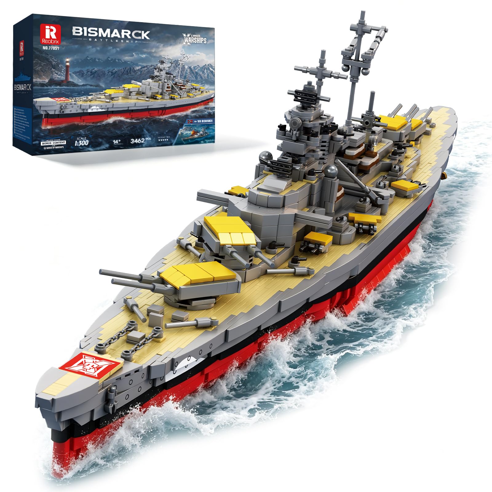 Reobrix World of Warships Bismarck Schlachtschiff Klemmbaustein Set 77051 | 1:300 Offiziell Lizenziertes Bastelset, Inkl. Spielbonus, Großes WW2 Schiffsmodell, Sammlerstück für Erwachsene,3462 Teile