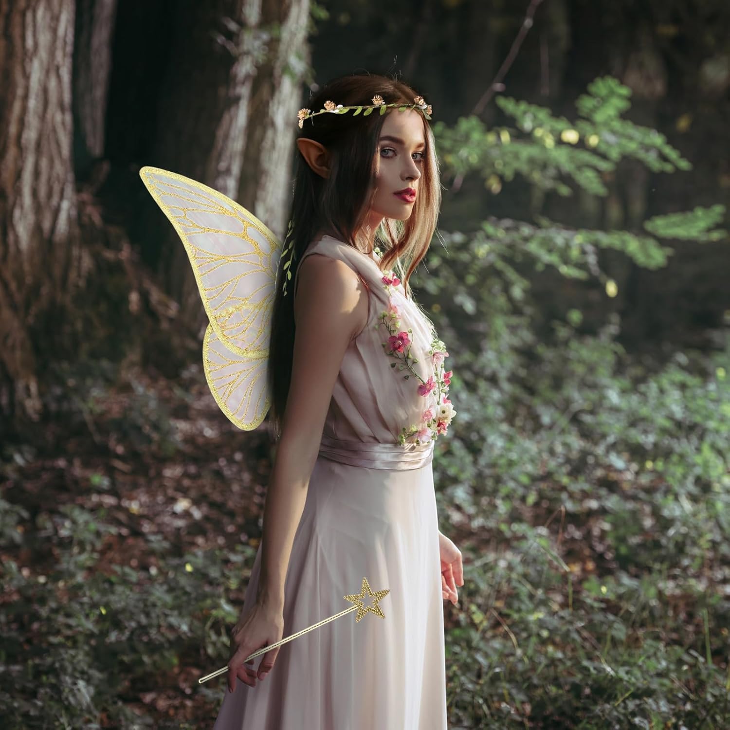 Sratte 4 Pcs Fairy Butterfly Wings for Girls Kids Princess Floral Crown Star Wand Ears Halloween Dress up Costume Accessories