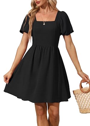 OFEEFAN Women Puff Sleeve Square Neck Tie in Back Dresses with Zipper