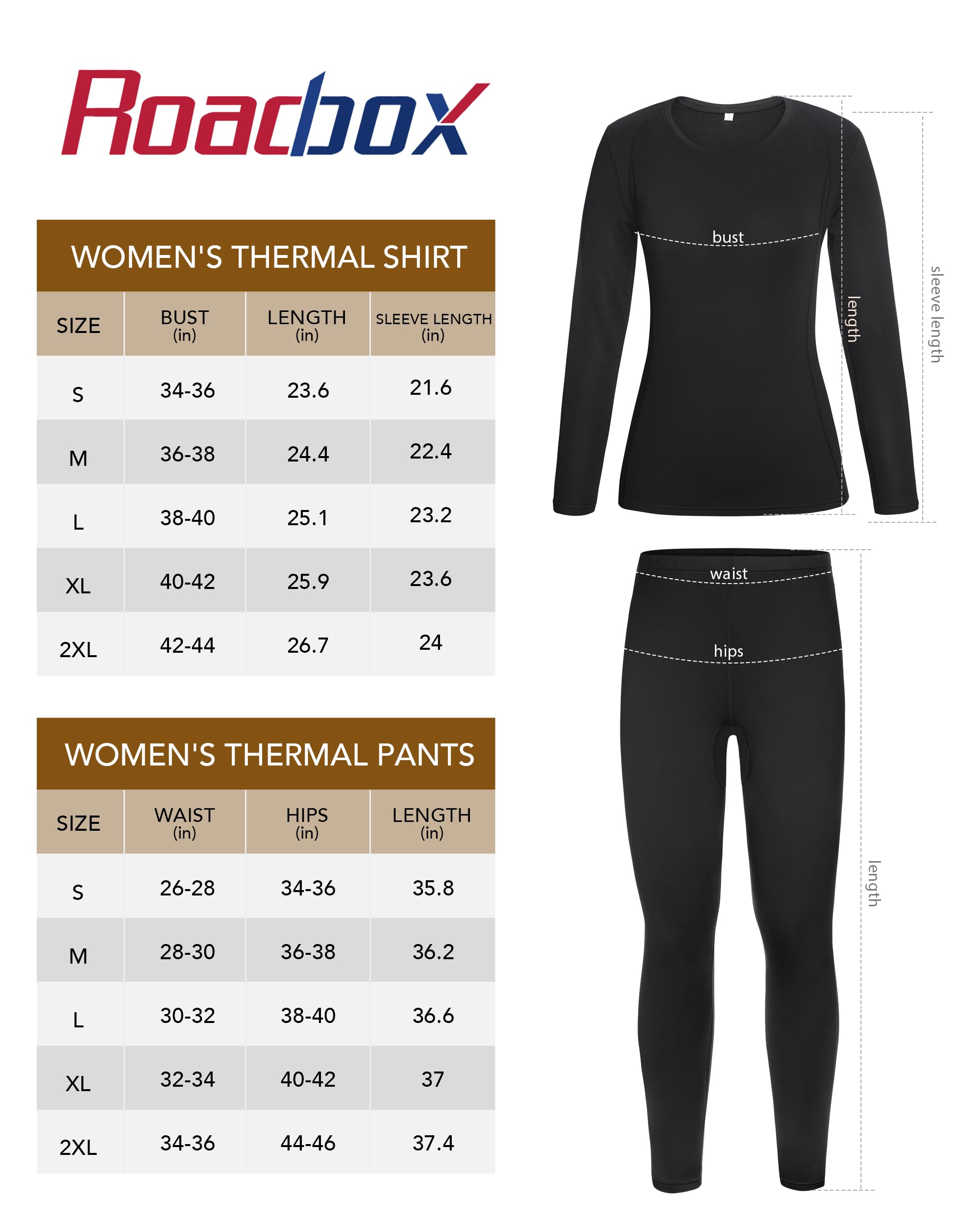 Roadbox Conjunto de ropa interior térmica para mujer, capa base con forro polar para invierno, cálido, pantalones largos, parte superior e inferior, clima frío, esquí