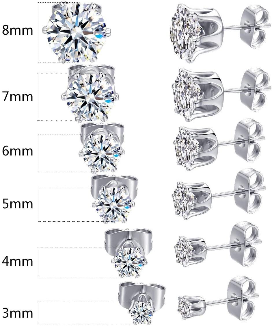 MDFUN 6 Pairs Stud Earrings Set Hypoallergenic 5A+ Cubic Zirconia 3-8 MM 6-Prong Round Earring for Women Men 18K Gold Plated Cartilage Multiple Piercing Ear Jewelry - Image 3