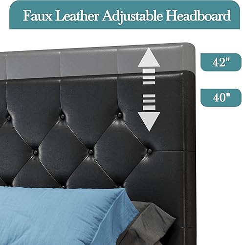 Miniatura 24 de HOOMIC Base de cama de almacenamiento de plataforma de tamaño matrimonial con 4 cajones y cabecera ajustable, listones de madera, no necesita Negro,