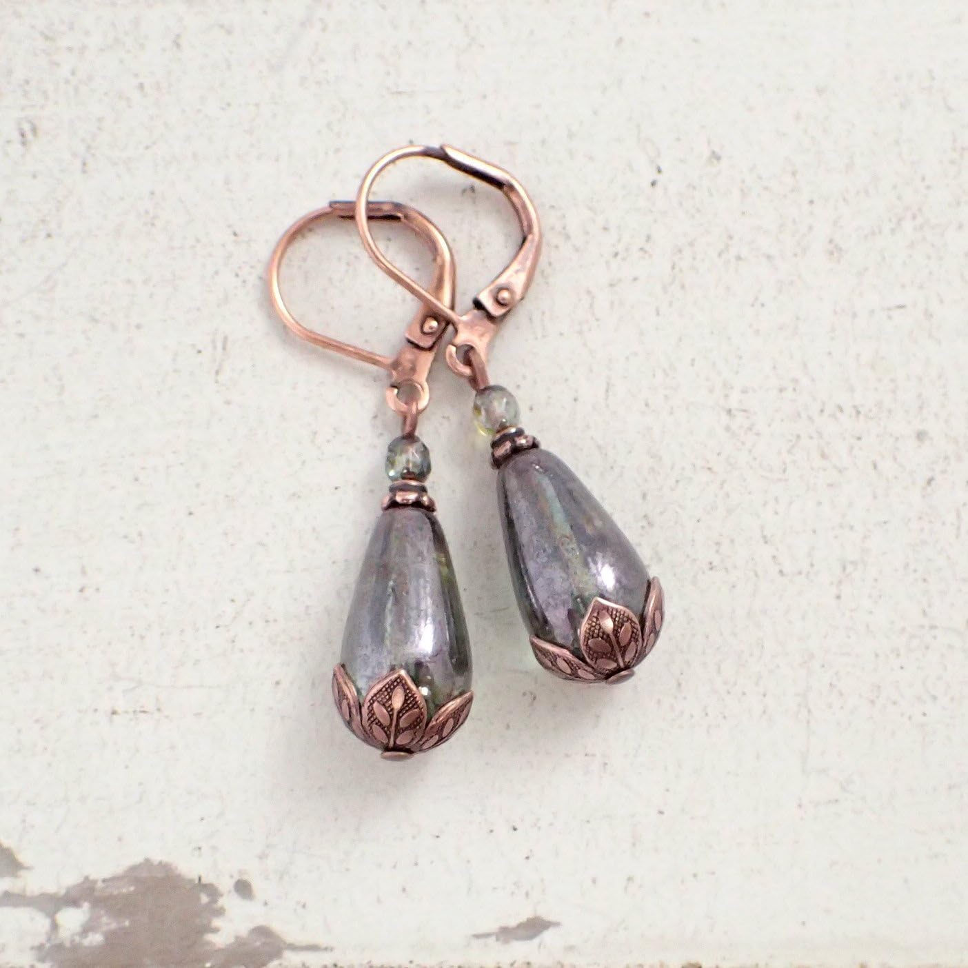 Green Teardrop Czech Glass Handmade Earrings with Antiqued Copper Lever Backs