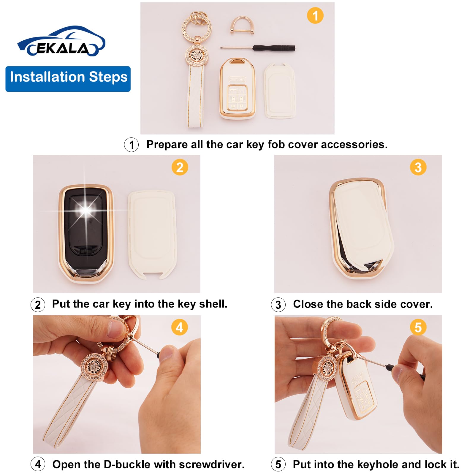 EKALA For Honda Odyssey Key Fob Cover With Leather Keychain, 7 Buttons Soft TPU Case, Compatible With 2018-2024 Odyssey Elite Touring EXL Sport EX, White - View #7