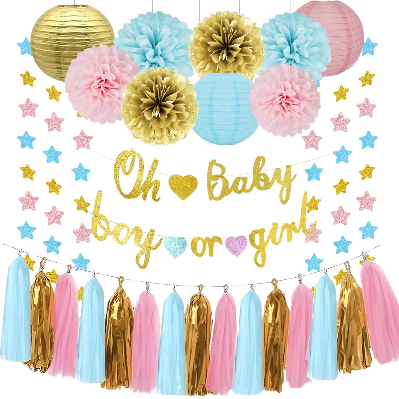 Baby Gender Reveal Decorations?Party Supplies Kit Blue Pink, Boy or Girl Banner, Tissue Paper Poms, Paper Lanterns, star garland, Tassels Garland- Gender Reveal Boy Or Girl