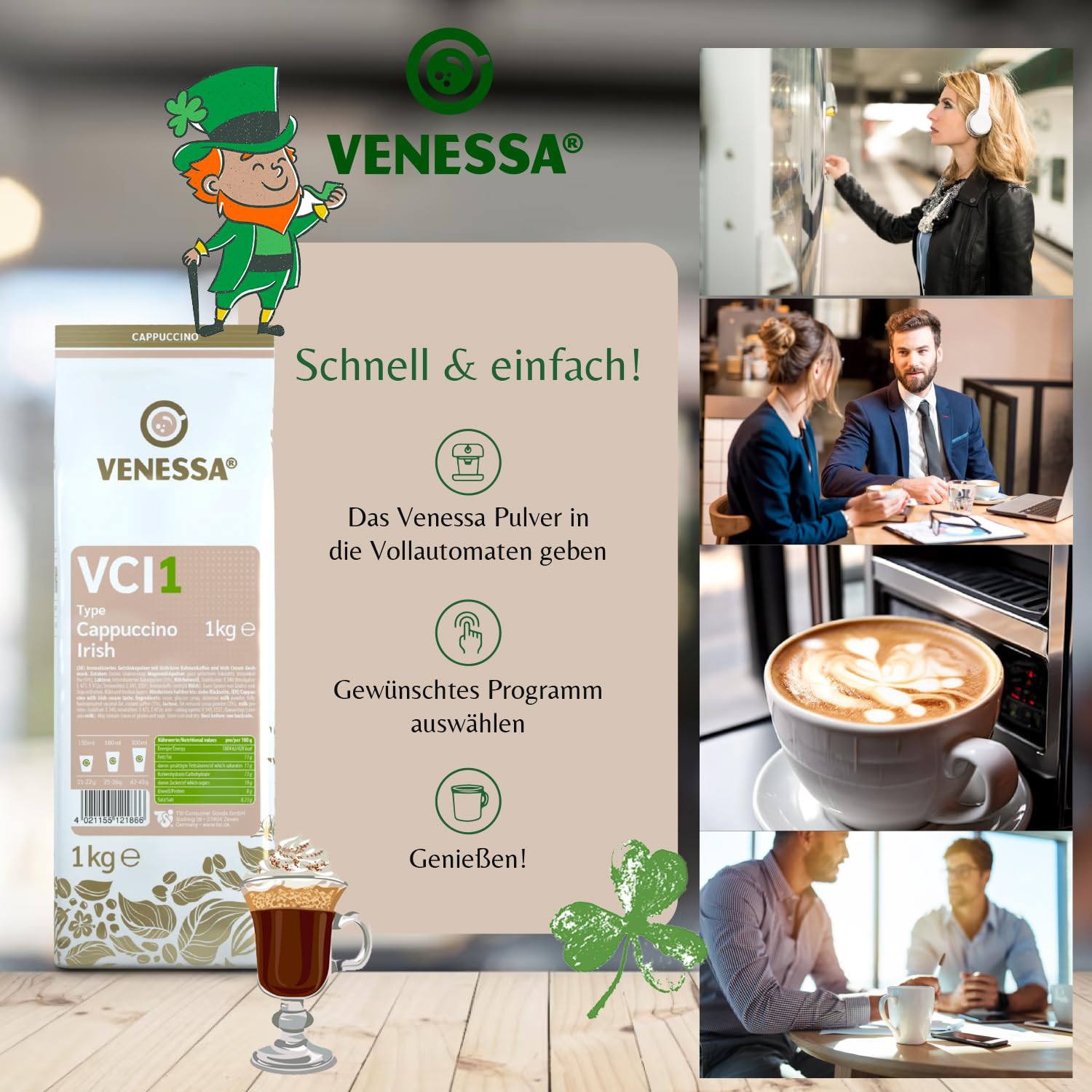 VENESSA VCI1 Cappuccino Irish 10 x 1 kg bardzo wydajny, opakowanie zapasowe, rozpuszczalna kawa irlandzka, aromatyczna, wszystkie ekspresy do kawy Vending & Office