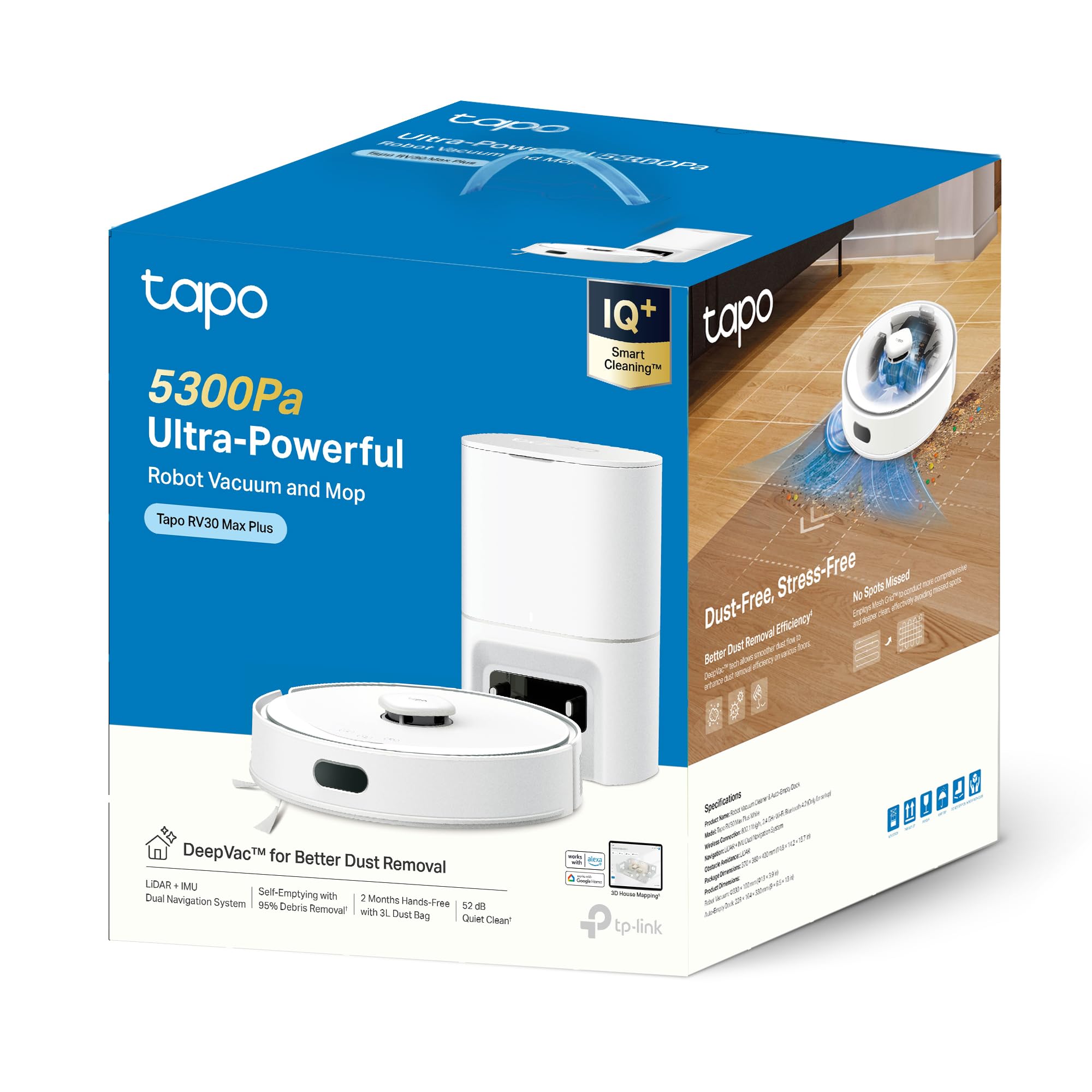 Tapo Robot odkurzający 4 w 1 RV30Max Plus automatyczne opróżnianie, cichy i cienki, bardzo mocny 5300 Pa, nawigacja LiDAR, autonomia 150 min, dywan i sierść zwierząt