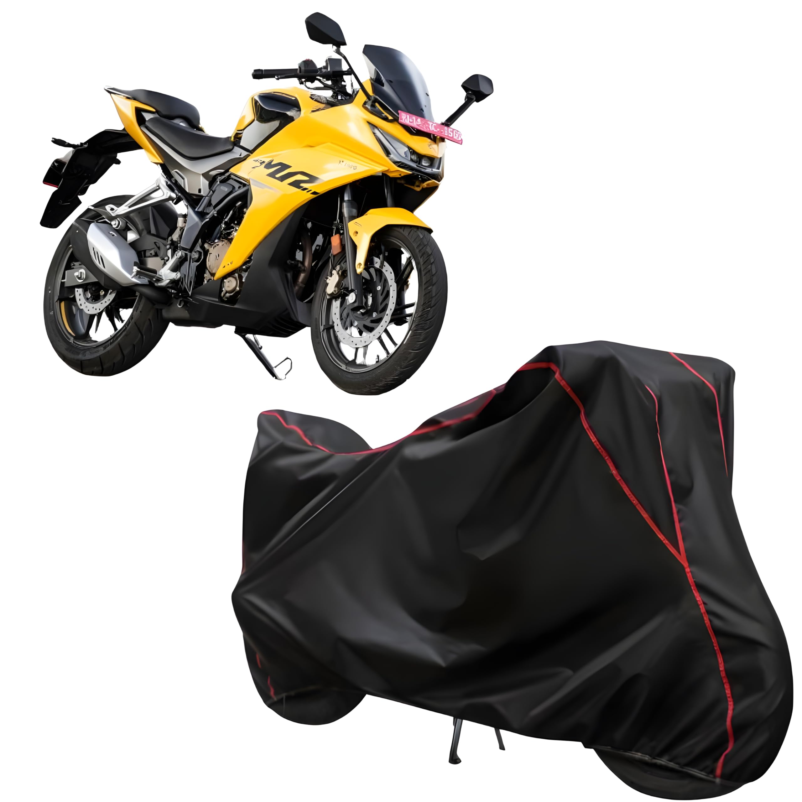 RiderRange™ Essentials Black with Red Color Piping Bike Body Cover for Hero Karizma XMR | Dust and UV Protection | Elastic Bottom | Triple Stitched | 5-Thread Interlock (Black)