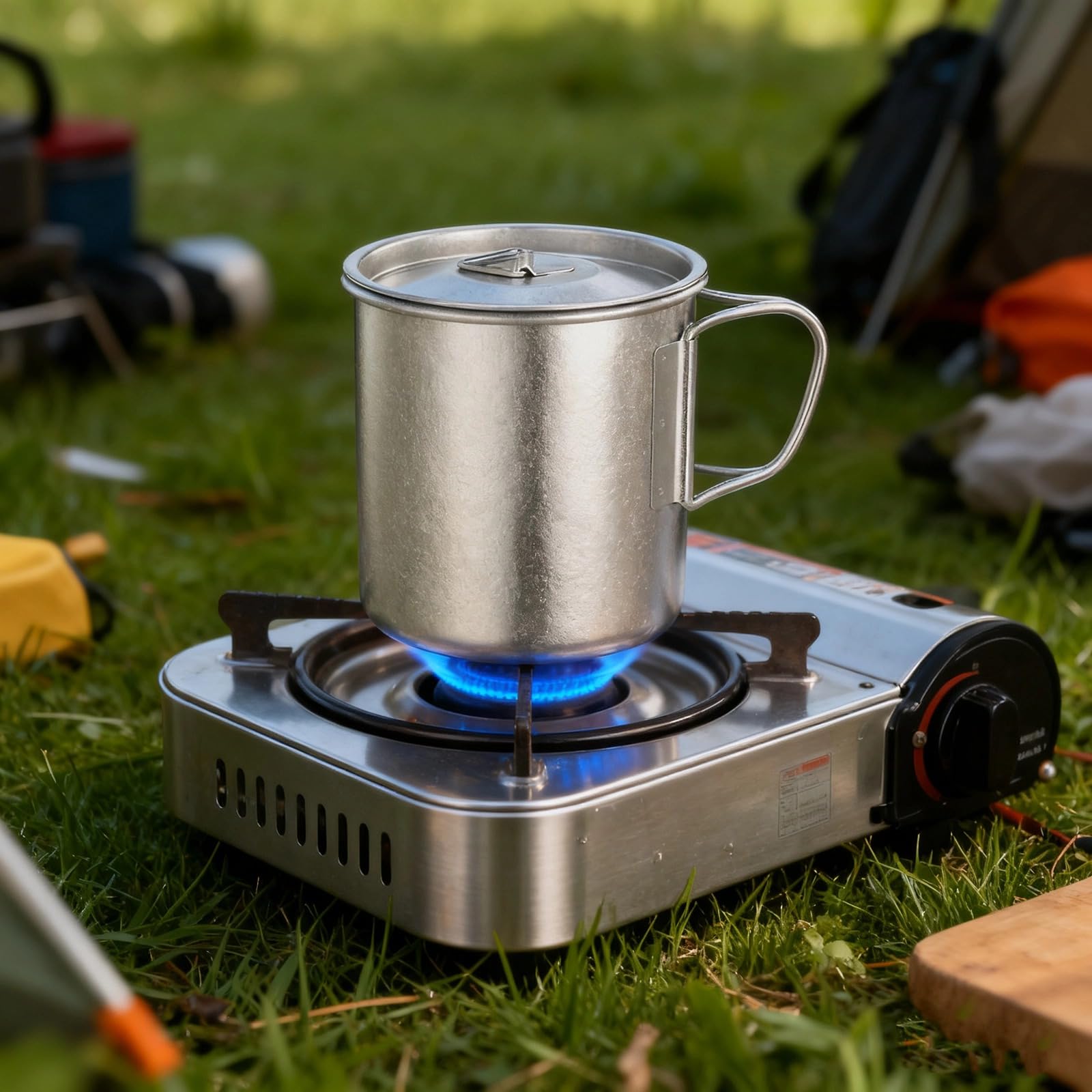 Titan-Campingbecher 450 ml mit Deckel, ultraleichter Titan-Topf mit klappbarem Griff, korrosionsbeständig, direkt erhitzbar, tragbar für Reise, Camping und Outdoor