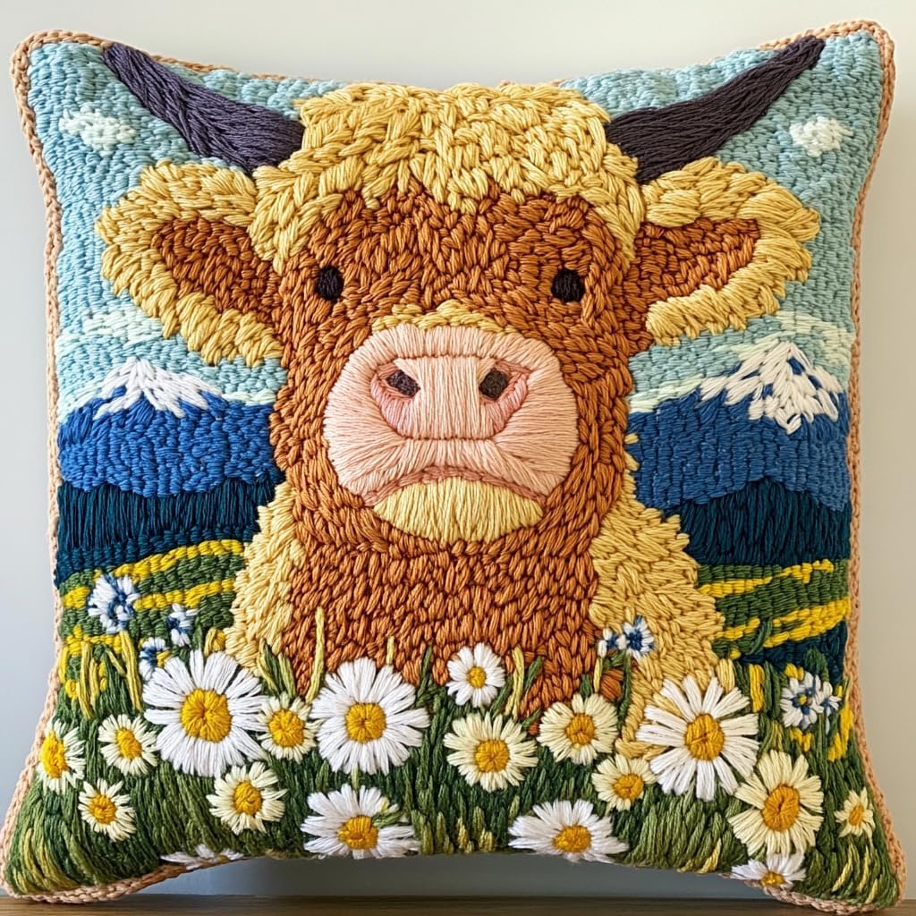 DIY Punch Needle Pillow Kit Highland Cow Daisy and Mountains with Pattern and Hoop Handmade Embroidery Punch Needle Starter Pillowcase Set for Home Sofa Decor 43x43cm-1-2
