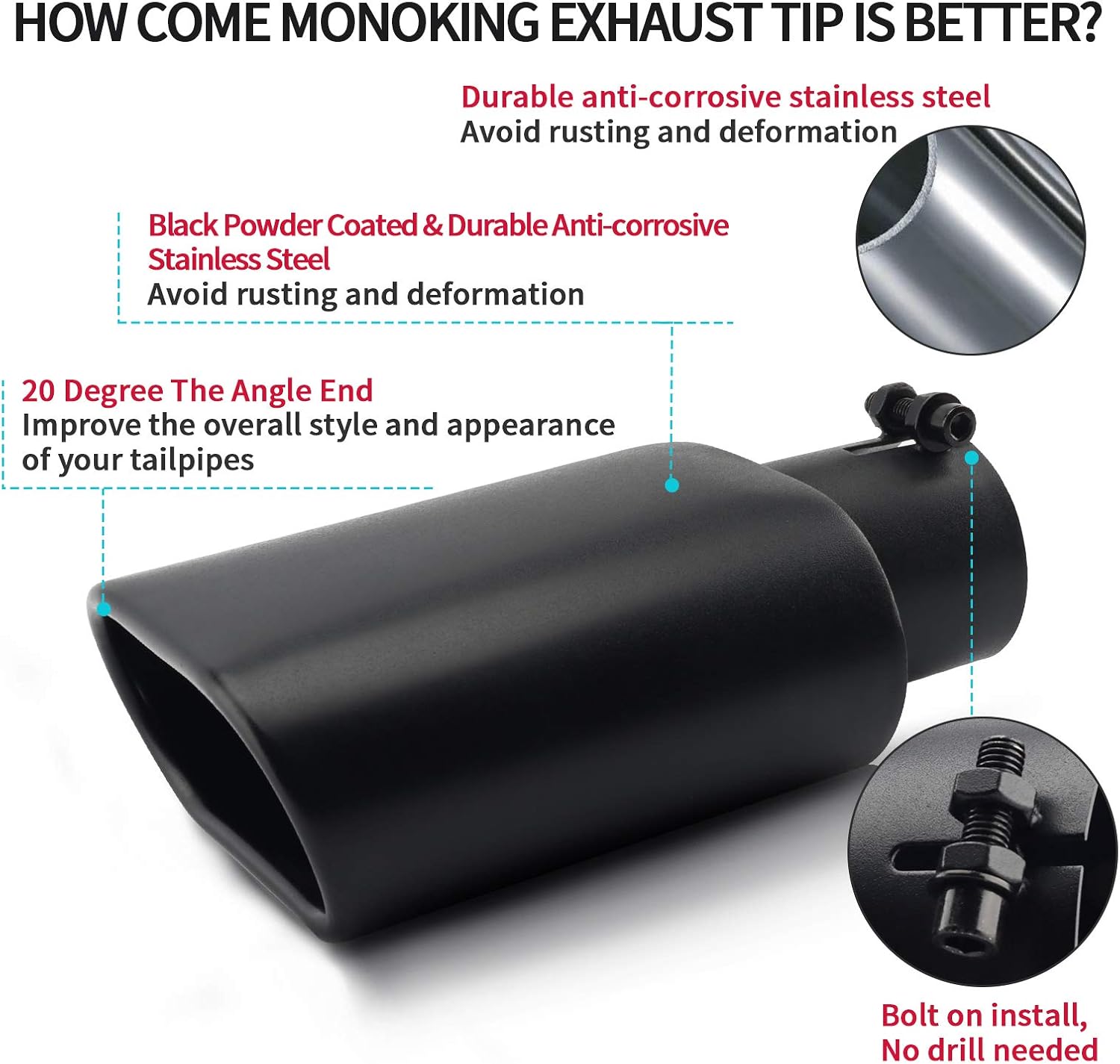 Exhaust Tip 2.5" Inlet, MONOKING Black 2.5 Exhaust Tip Stainless Steel Tailpipes for Truck Car 2.5" Inlet 5.5" x 3" Outlet 9" Long
