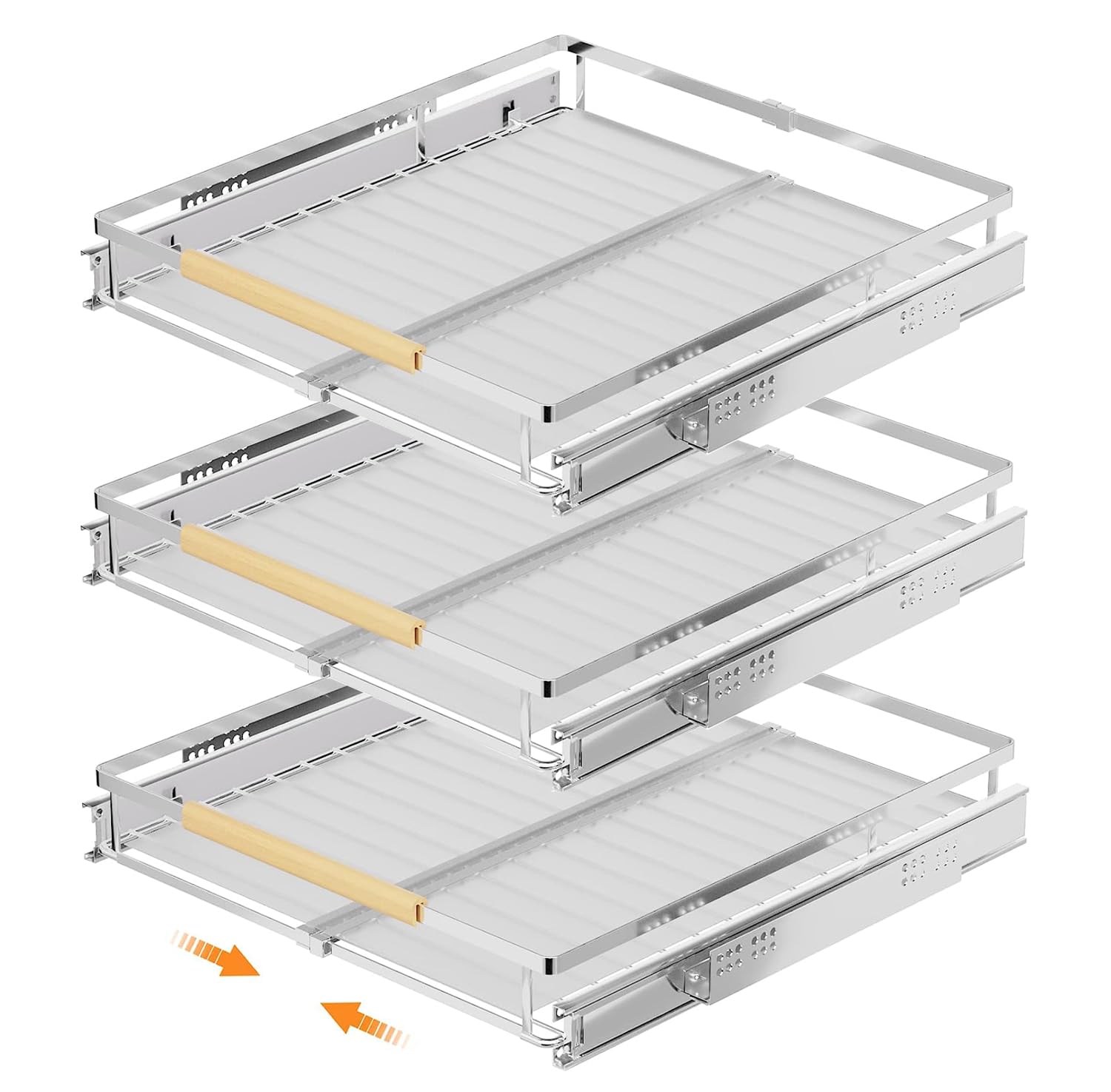 Photo 1 of SANNO Expandable Pull Out Cabinet Organizer,Slide Out Pantry Shelf for Kitchen Cabinet or Under Sink,Extendable Width,Chrome Finish,3Pack Basket Width:12.87"~23",depth:17 Chrome-3pack