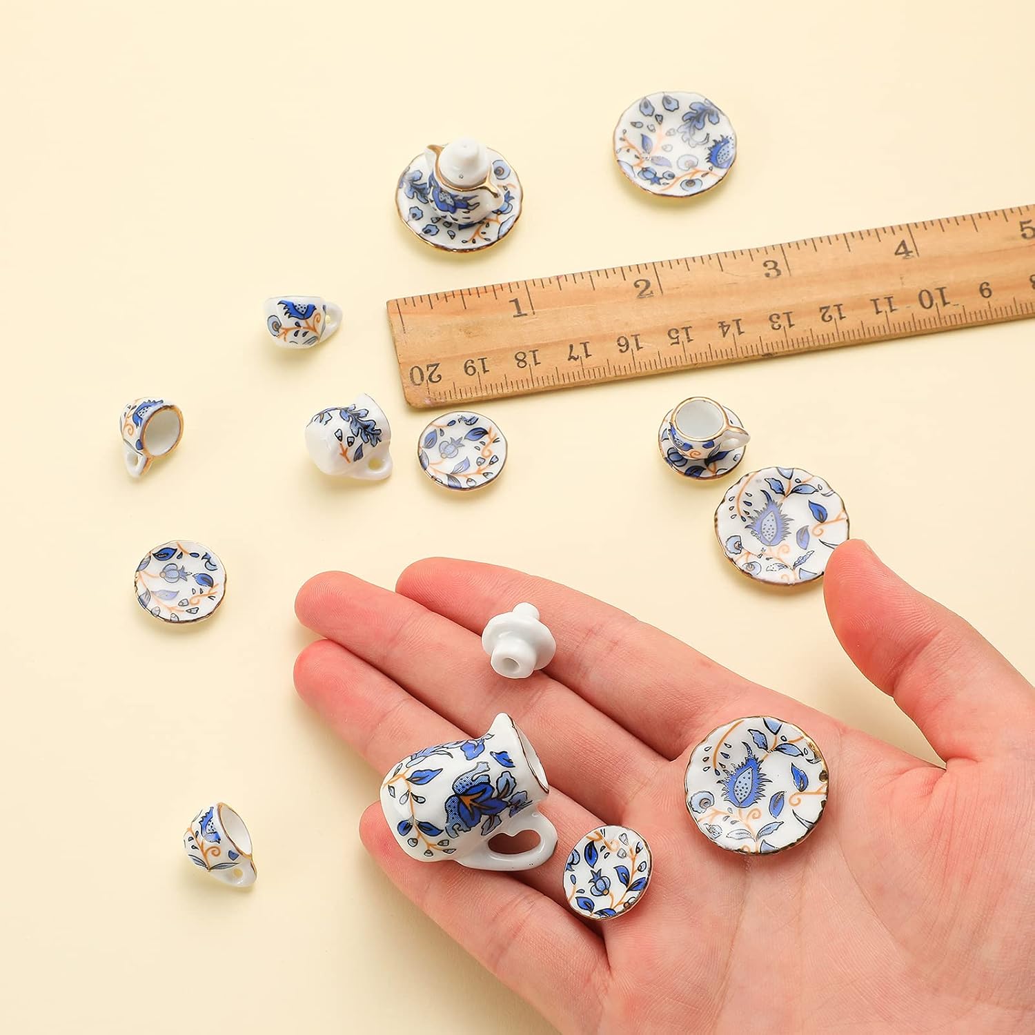 60 Pieces 1:12 Scale Miniatures Dollhouse Porcelain Tea Cup Set, Flower Pattern, Plum Blossom, Red Rose Teapot Cup Set Porcelain Accessories(Elegant Porcelain Series)