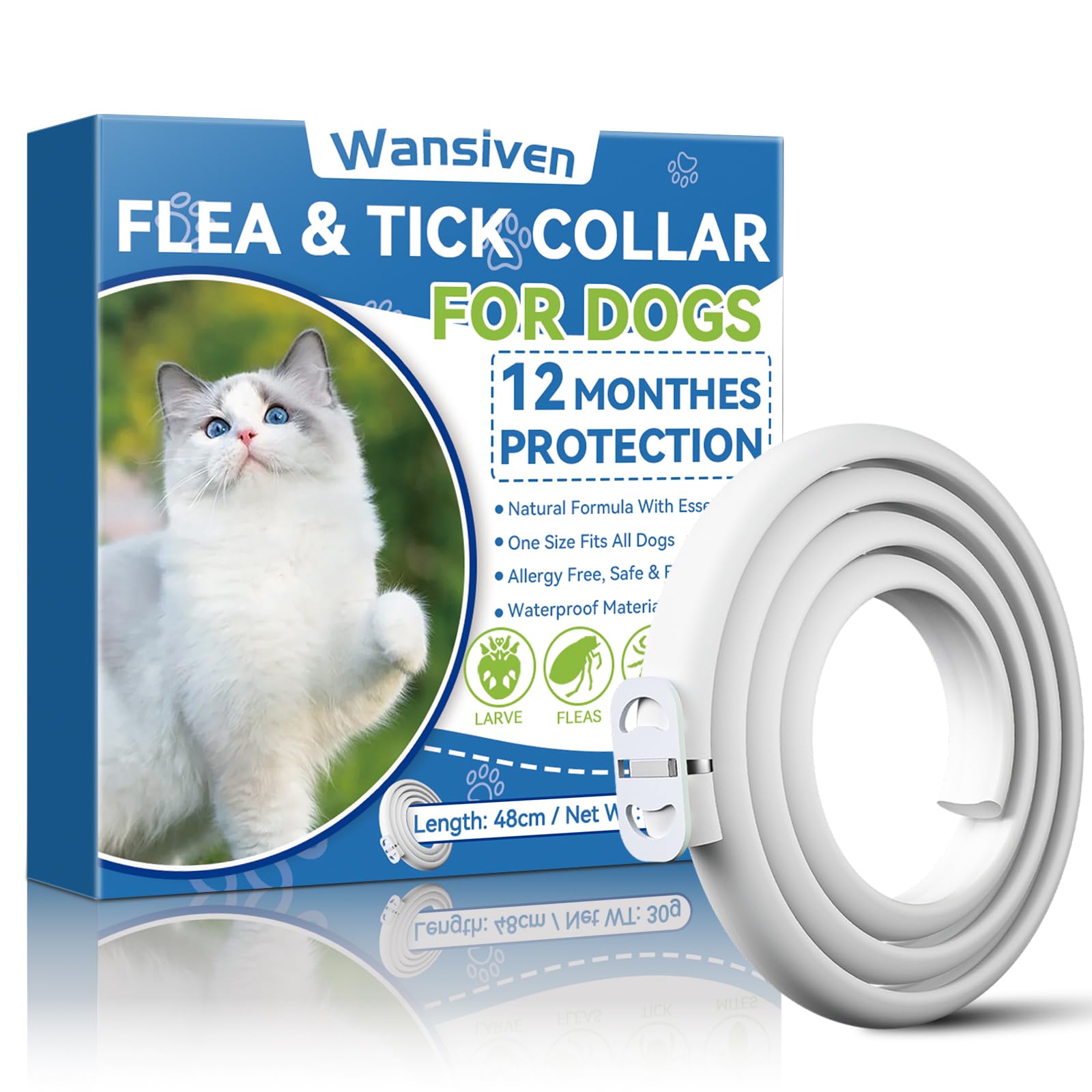 Wansiven Collar antipulgas para Gatos, 12 Meses de protección contra pulgas, 48 ​​cm, Ajustable, Impermeable, antipulgas y garrapatas, Ideal para Gatitos, Gatos medianos y Grandes