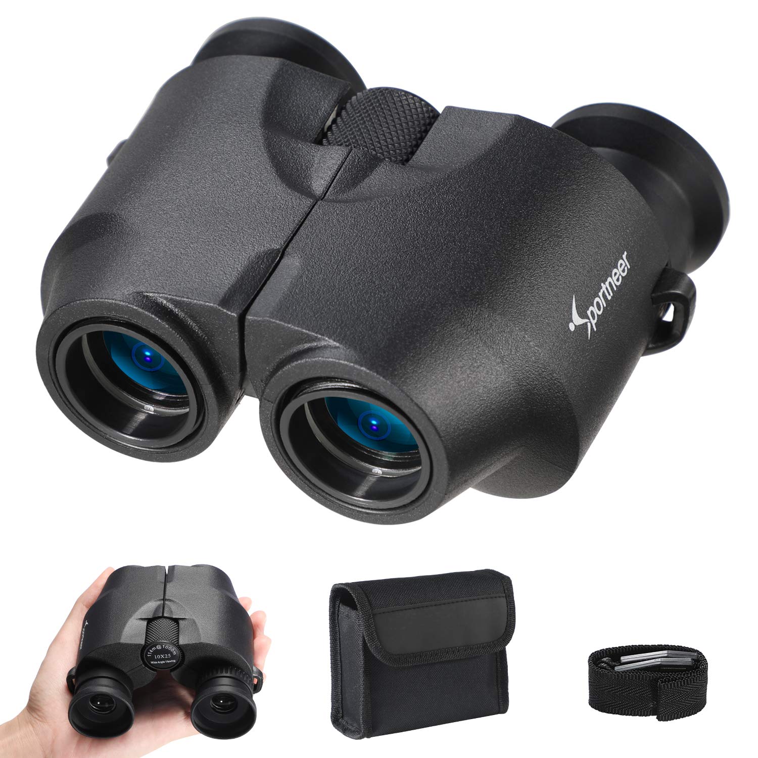 Sportneer 10x25 Powerful Binoculars with Foldable Soft Eyepieces, Clear Weak Light Night Vision, Compact Lightweight - Binoculars for Bird Watching,Hunting,Sports Games and Concerts, For Kids & Adults