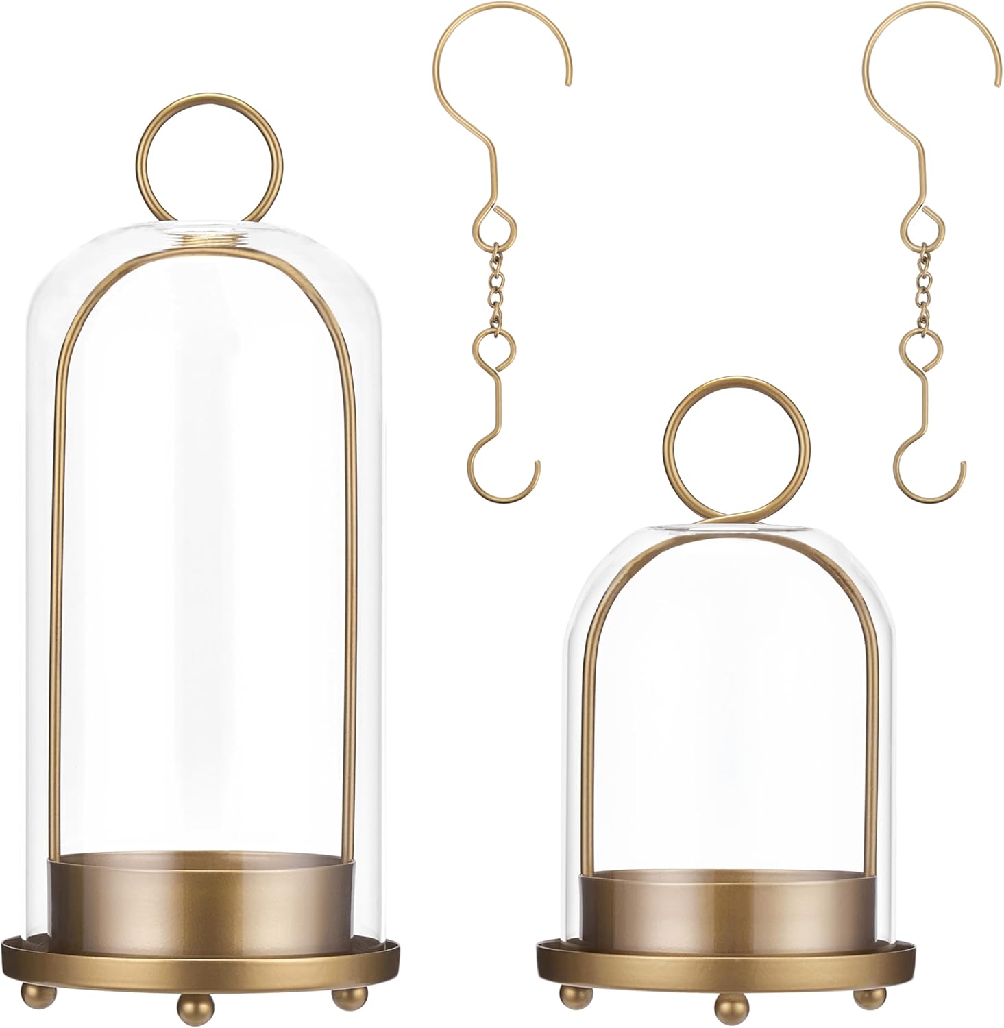 Hurricane Candle Holders Set of 2, 5" & 4" Metal and Glass Candle Lantern with Clear Dome for Pillar Candle, Wedding & Christmas Table Centerpiece, Farmhouse Home Decor (Brass, Large & Small)