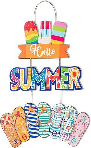 Letrero colgante de 3 piezas con texto en inglés Hello Summer para puerta de playa, letrero de bienvenida de madera, decoración de verano, para el