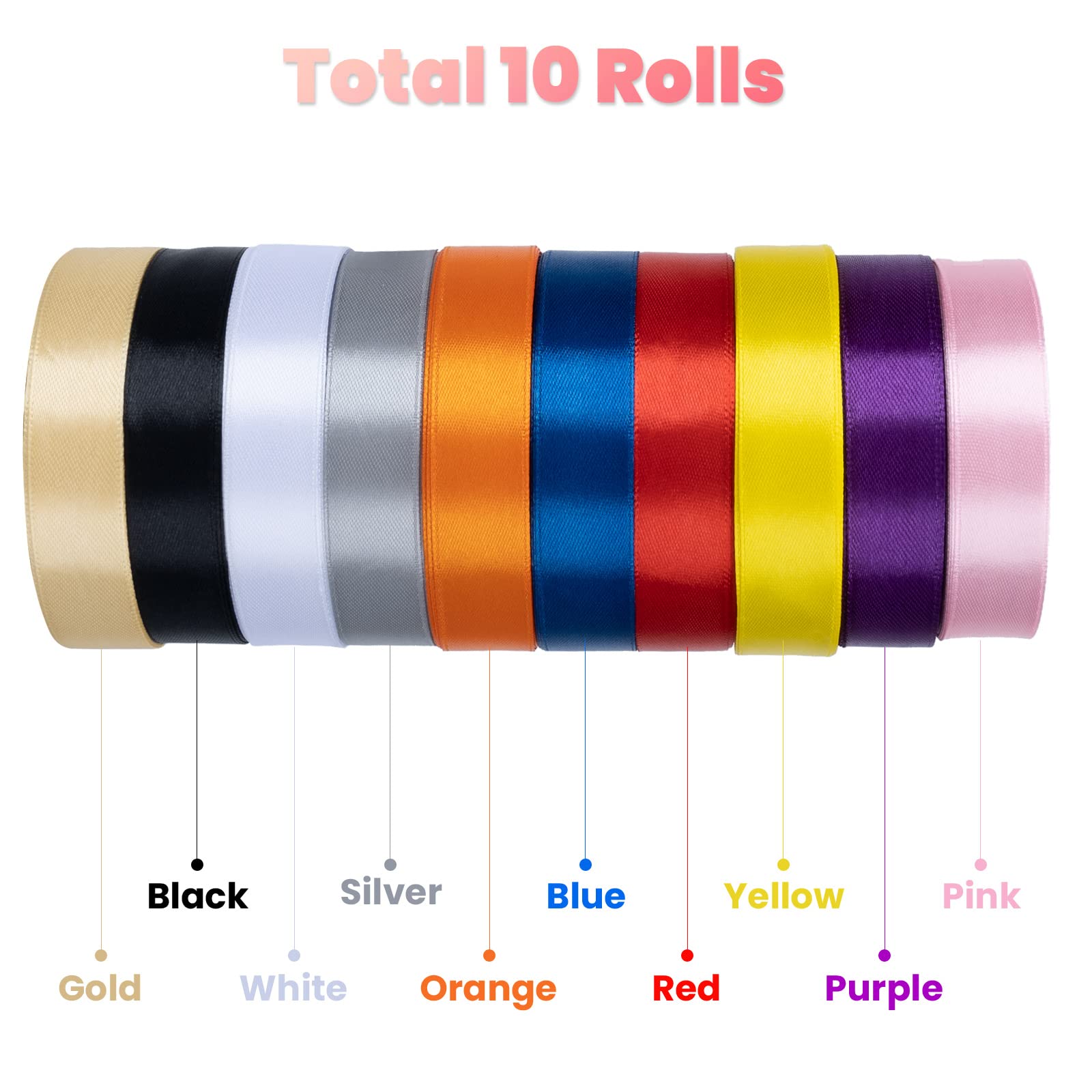 AKHTART Double Faced Satin Ribbon, 10 Rolls/10 Colours, Polyester Ribbon, Fabric Ribbon for Gift Wrapping Crafting, Balloons - Image 3