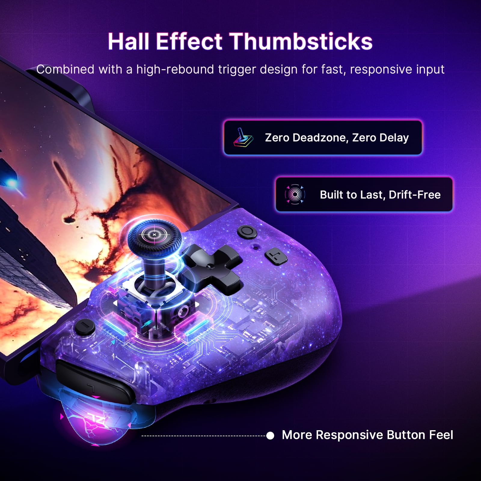 NexiGo Hall-Effekt-Gripcon mit Tragetasche für Switch 2, 4K-HDMI-Ausgang für TV-Modus, Handheld-Controller mit Hall-Sensing-Joysticks und Triggern, RGB-Lichter, Mapping, 6-Achsen-Gyro, Turbo, Cosmic