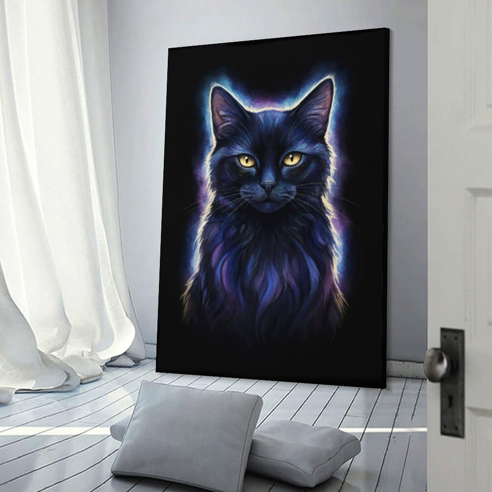 Junmoney Mystical Cosmic Black Cat Canvas Wall Decor, 24x36inch(60x90cm), for Art Walls, Layered Displays Or Homes, Home Wall Art for Statement Displays