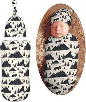 Mountain and Bear Newborn Swaddle Blankets Hat Sets Soft Baby Receiving Blanket Swaddle Sack for Baby Shower Infant Boy Girl Gift