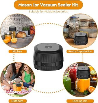 Electric Mason Jar Vacuum Sealer 60KPa Strong Suction Vacuum Sealer for Regular and Wide Mouth Mason Jar Canning Jar with Lid Silent Rechargeable Portable Cordless Food Vacuum Sealer