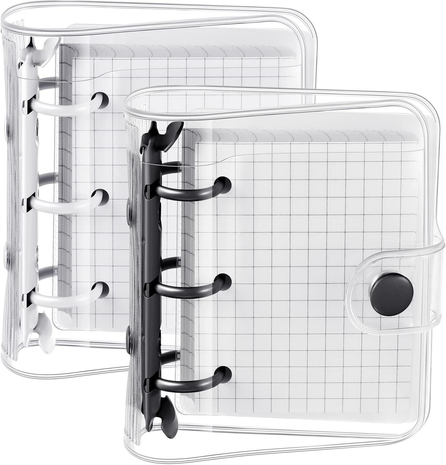 2 Sets Mini Transparent 3 Ring Binder Covers with Mini Binder Inner Paper Pockets Clear Soft PVC Notebook Closure Loose Leaf Folder Round Ring Cover Protector with Snap Button(White, Black)