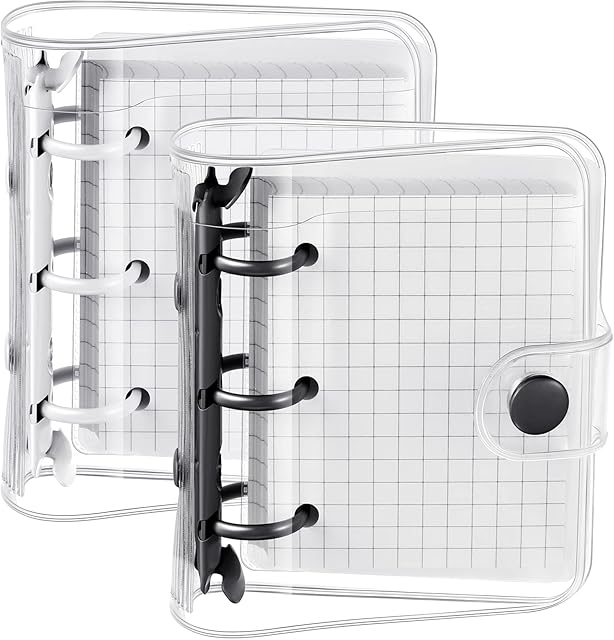 2 Sets Mini Transparent 3 Ring Binder Covers with Mini Binder Inner Paper Pockets Clear Soft PVC Notebook Closure Loose Leaf Folder Round Ring Binder Cover Protector with Snap Button